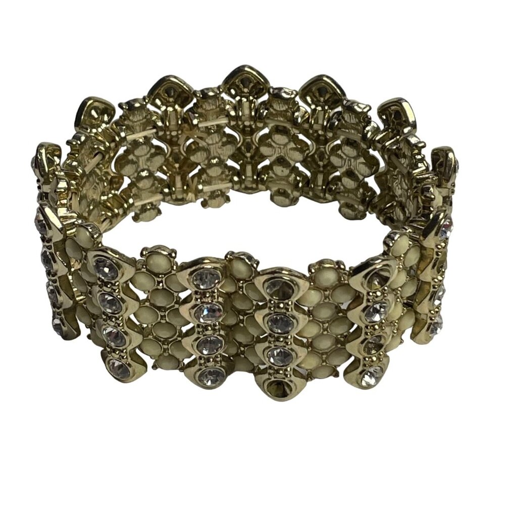 Vintage Stretch Bracelet Gold Tone Faux Pearls Rhinestones u Expandable Costume